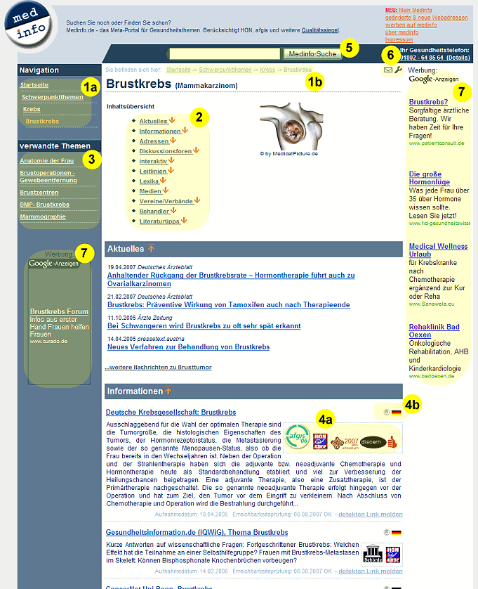 Screensot medinfo am Beispiel Brustkrebs